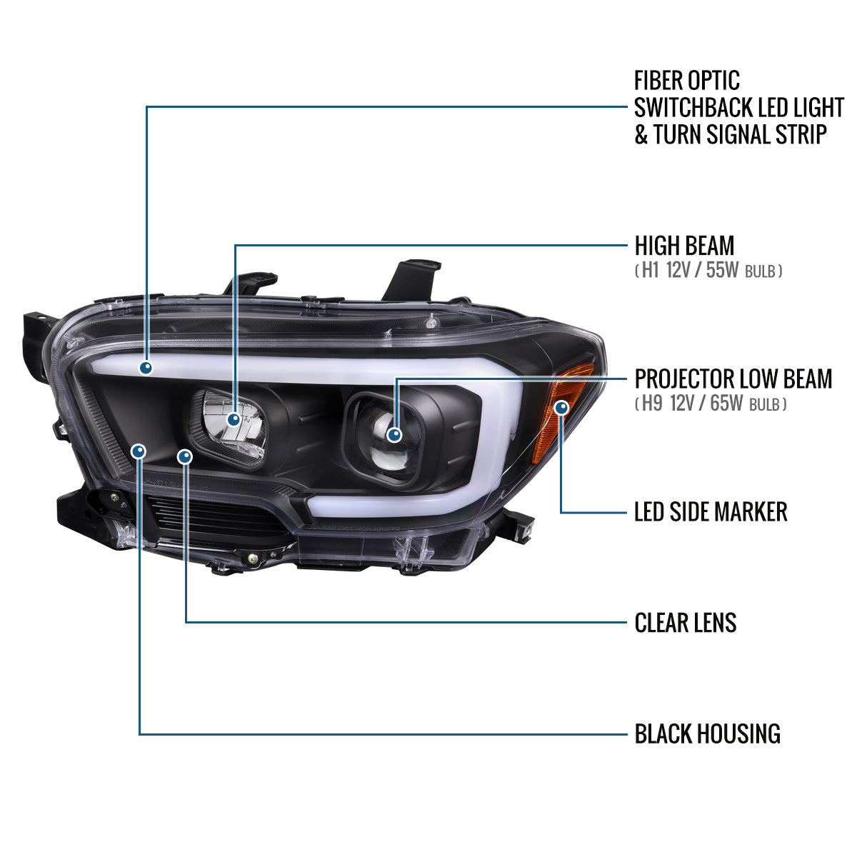 Ronnin - Fits 2016-2023 Toyota Tacoma Upgrade Replacement LED Switchback Turn Signals Tube Projector Halogen Headlights Assembly Pair | Black