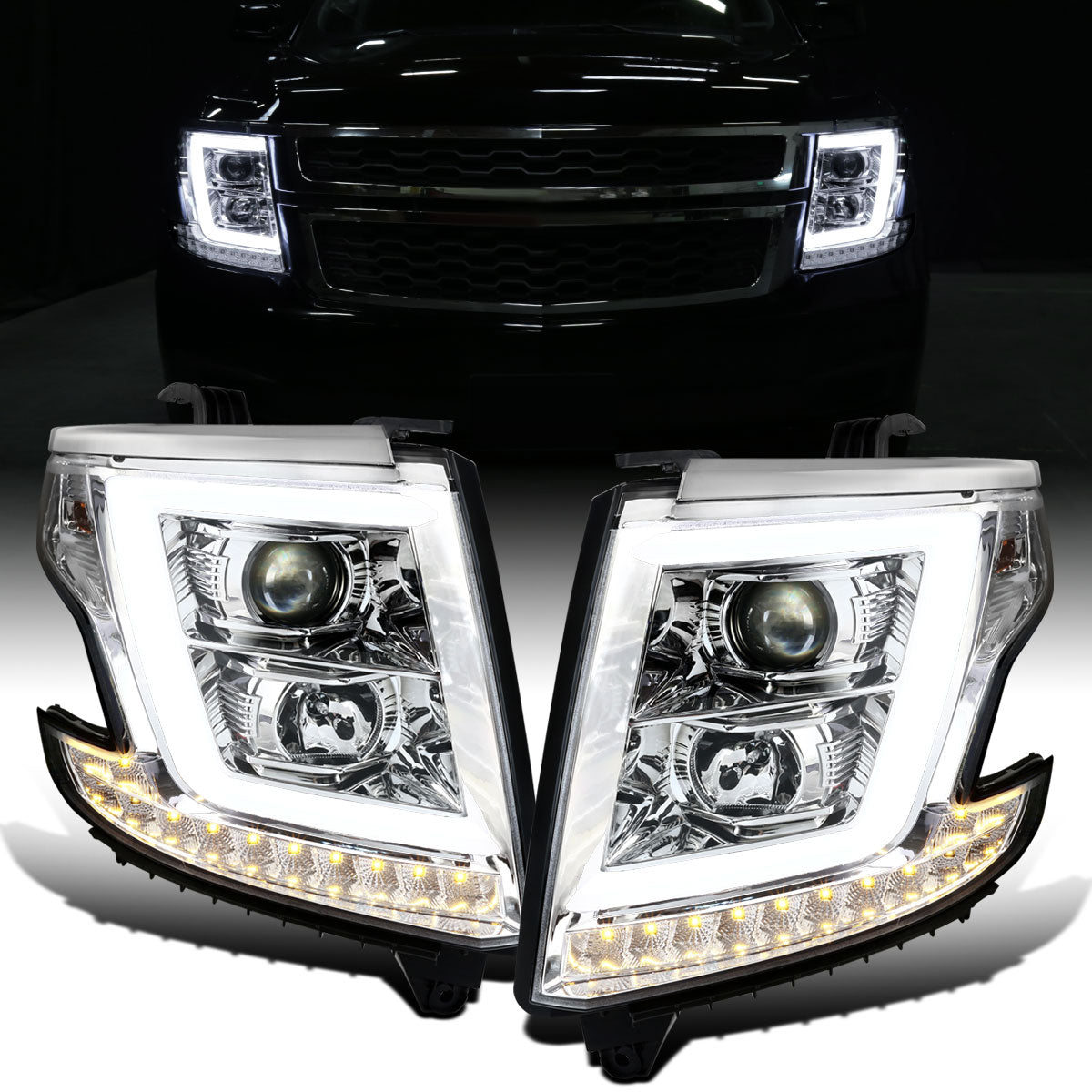 Ronnin - Fits 2015-2020 Chevy Tahoe Suburban 3500HD Upgraded Assembly LED Tube Projector Halogen Headlights Replacement Pair | Chrome
