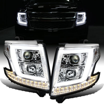 Ronnin - Fits 2015-2020 Chevy Tahoe Suburban 3500HD Upgraded Assembly LED Tube Projector Halogen Headlights Replacement Pair | Chrome