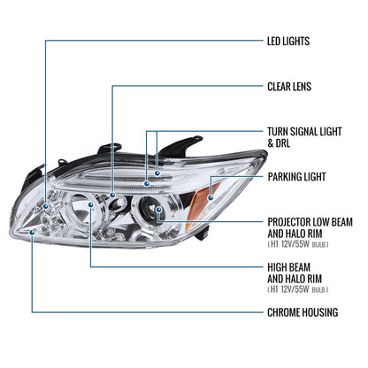Ronnin - Fits 2005-2010 Scion tC LED Halo Rims Projector Headlights Upgrade Assembly Pair | Chrome
