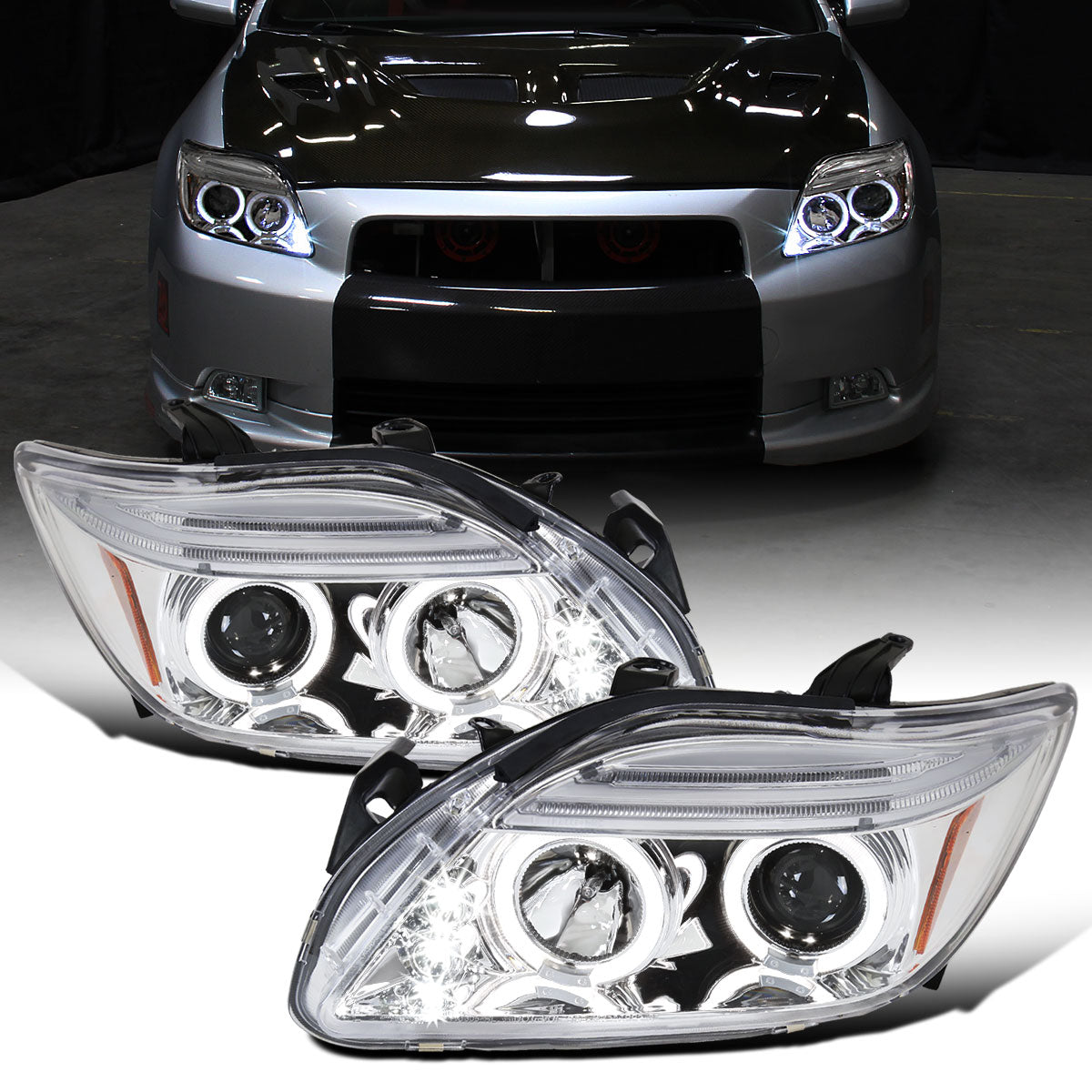 Ronnin - Fits 2005-2010 Scion tC LED Halo Rims Projector Headlights Upgrade Assembly Pair | Chrome