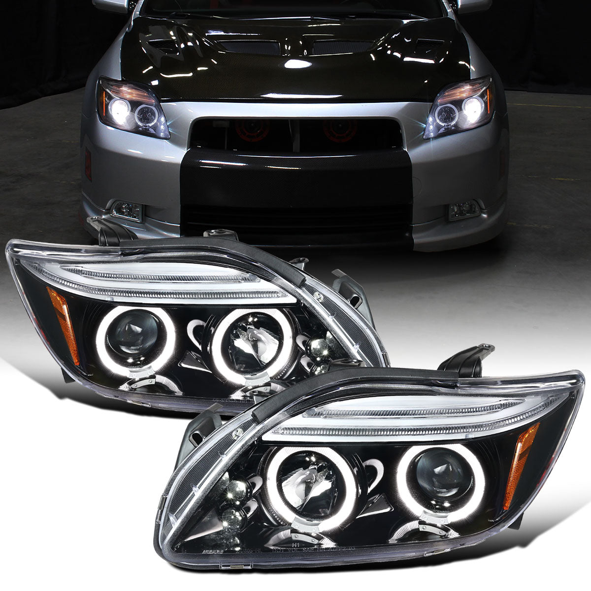Ronnin - Fits 2005-2010 Scion tC LED Halo Rims Projector Headlights Upgrade Assembly Pair | Gloss Black