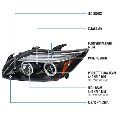 Ronnin - Fits 2005-2010 Scion tC LED Halo Rims Projector Headlights Upgrade Assembly Pair | Black
