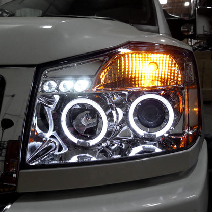 Ronnin - Fits 2004-2015 Nissan Armada Titan Upgraded Assembly LED Dual Halo Rims Projector Headlights Replacement Pair | Chrome