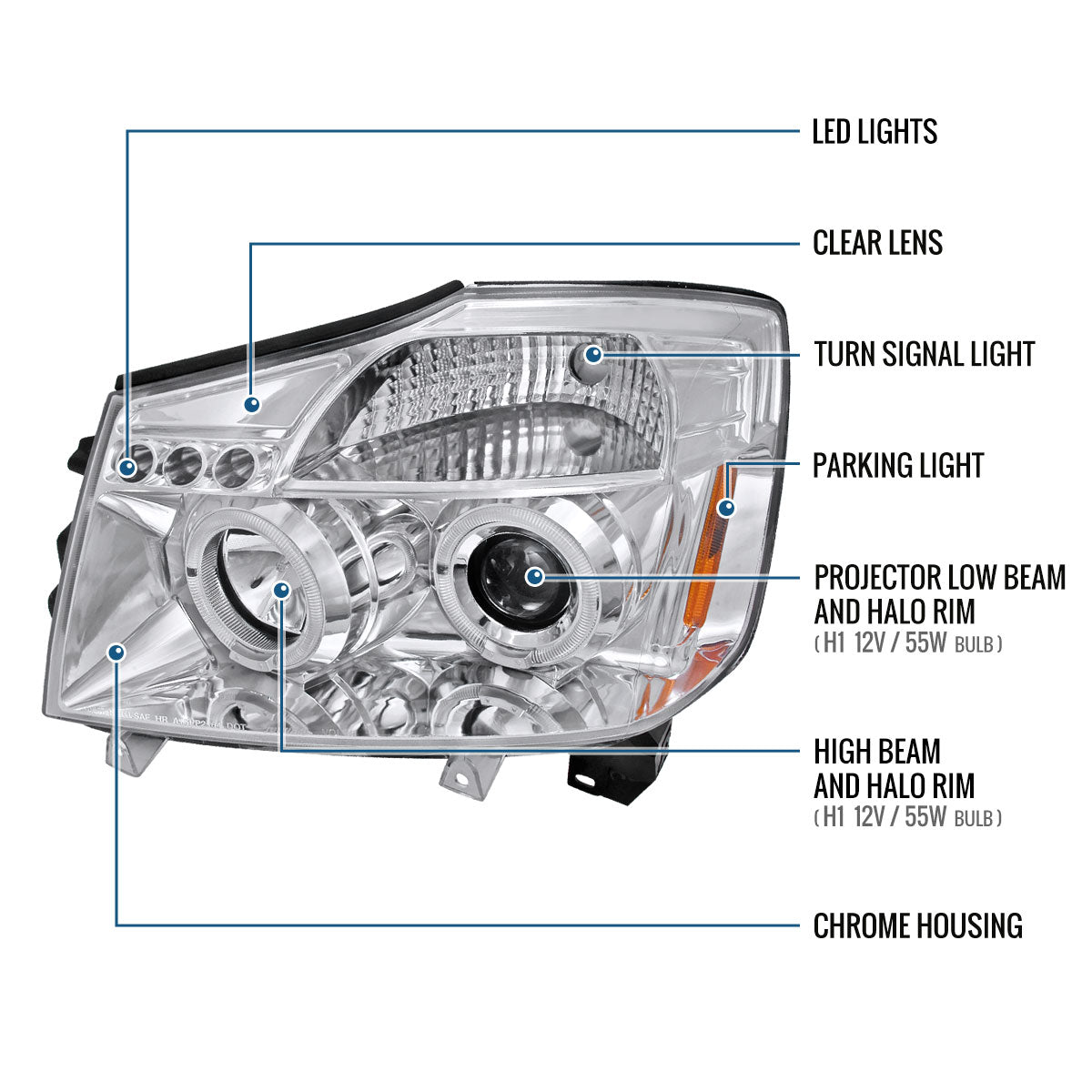 Ronnin - Fits 2004-2015 Nissan Armada Titan Upgraded Assembly LED Dual Halo Rims Projector Headlights Replacement Pair | Chrome