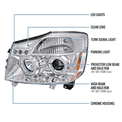 Ronnin - Fits 2004-2015 Nissan Armada Titan Upgraded Assembly LED Dual Halo Rims Projector Headlights Replacement Pair | Chrome