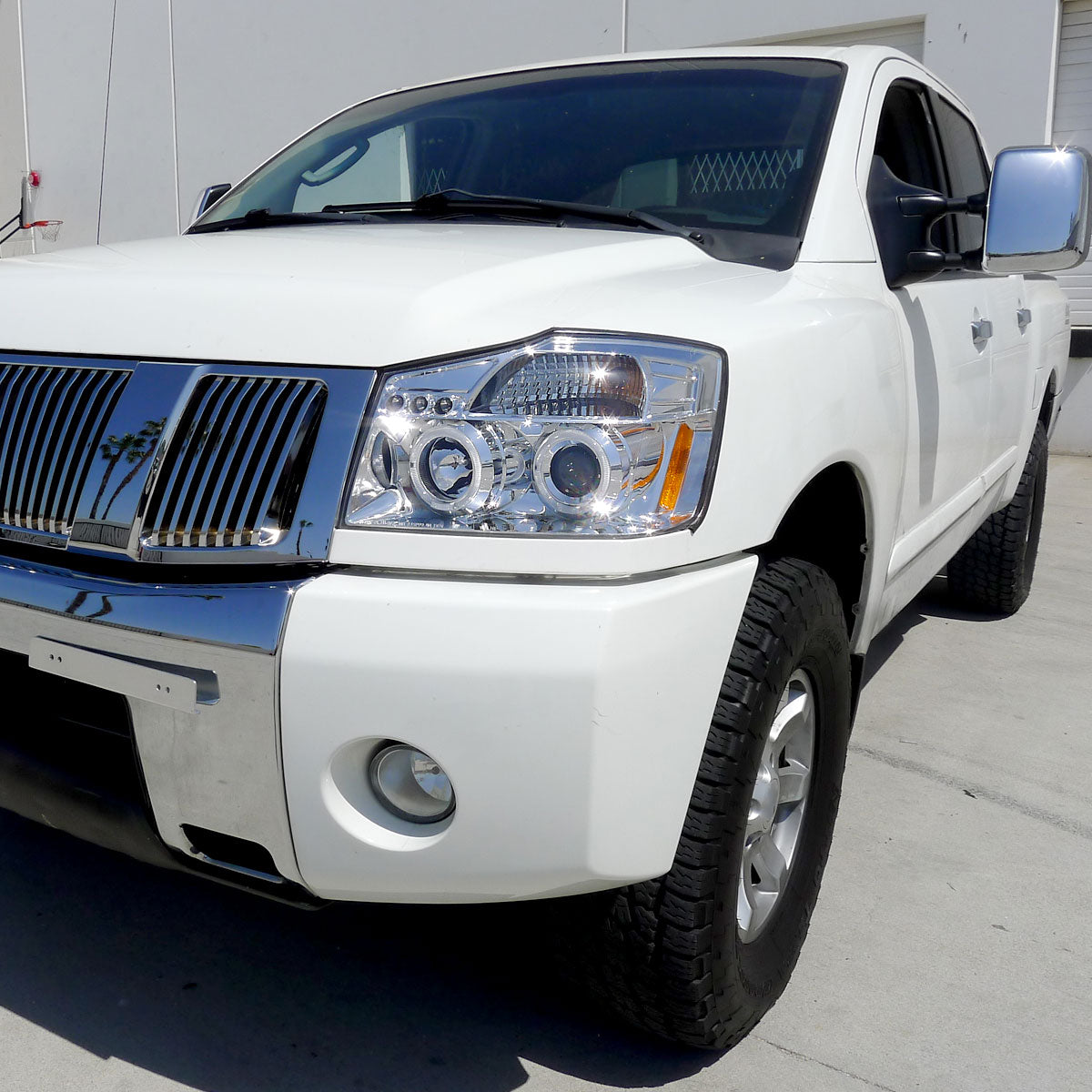 Ronnin - Fits 2004-2015 Nissan Armada Titan Upgraded Assembly LED Dual Halo Rims Projector Headlights Replacement Pair | Chrome