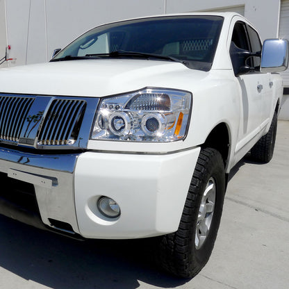 Ronnin - Fits 2004-2015 Nissan Armada Titan Upgraded Assembly LED Dual Halo Rims Projector Headlights Replacement Pair | Chrome