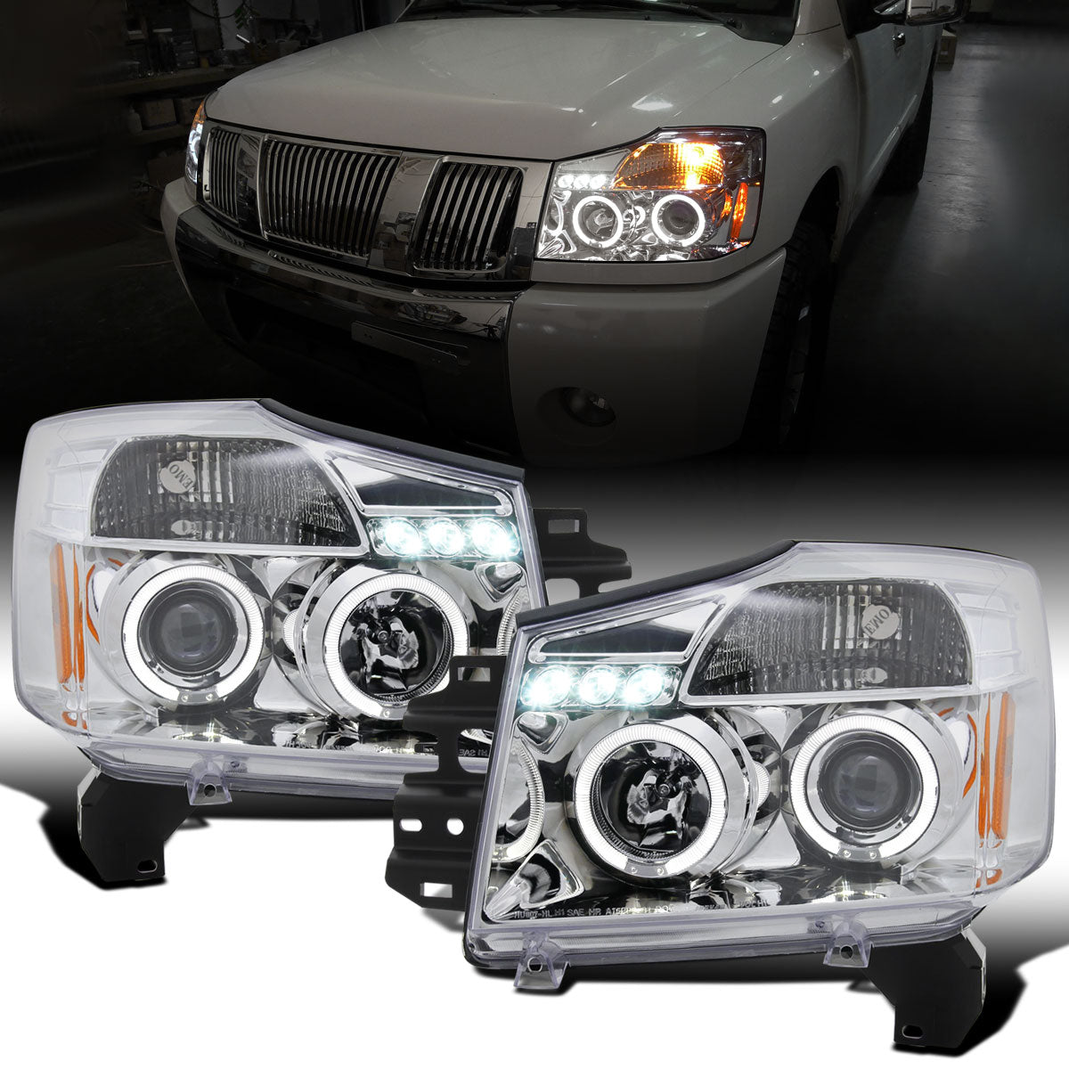 Ronnin - Fits 2004-2015 Nissan Armada Titan Upgraded Assembly LED Dual Halo Rims Projector Headlights Replacement Pair | Chrome