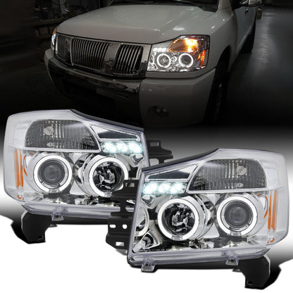 Ronnin - Fits 2004-2015 Nissan Armada Titan Upgraded Assembly LED Dual Halo Rims Projector Headlights Replacement Pair | Chrome