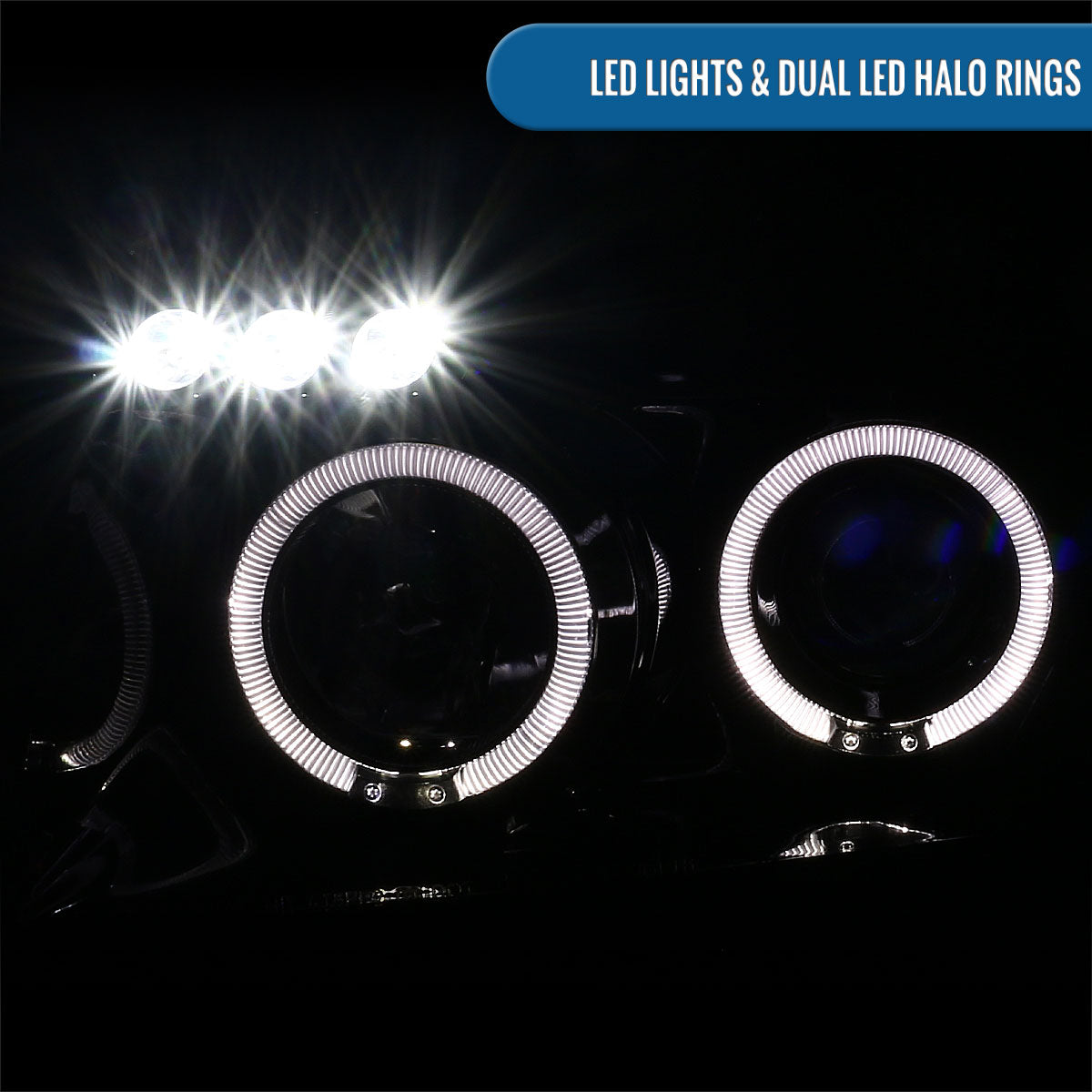 Ronnin - Fits 2004-2015 Nissan Armada Titan Upgraded Assembly LED Dual Halo Rims Projector Headlights Replacement Pair | Gloss Black