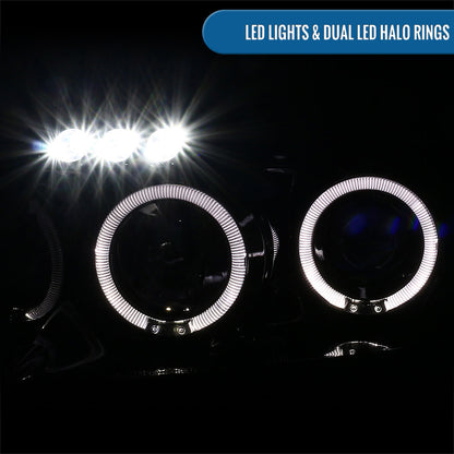 Ronnin - Fits 2004-2015 Nissan Armada Titan Upgraded Assembly LED Dual Halo Rims Projector Headlights Replacement Pair | Gloss Black