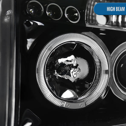 Ronnin - Fits 2004-2015 Nissan Armada Titan Upgraded Assembly LED Dual Halo Rims Projector Headlights Replacement Pair | Gloss Black