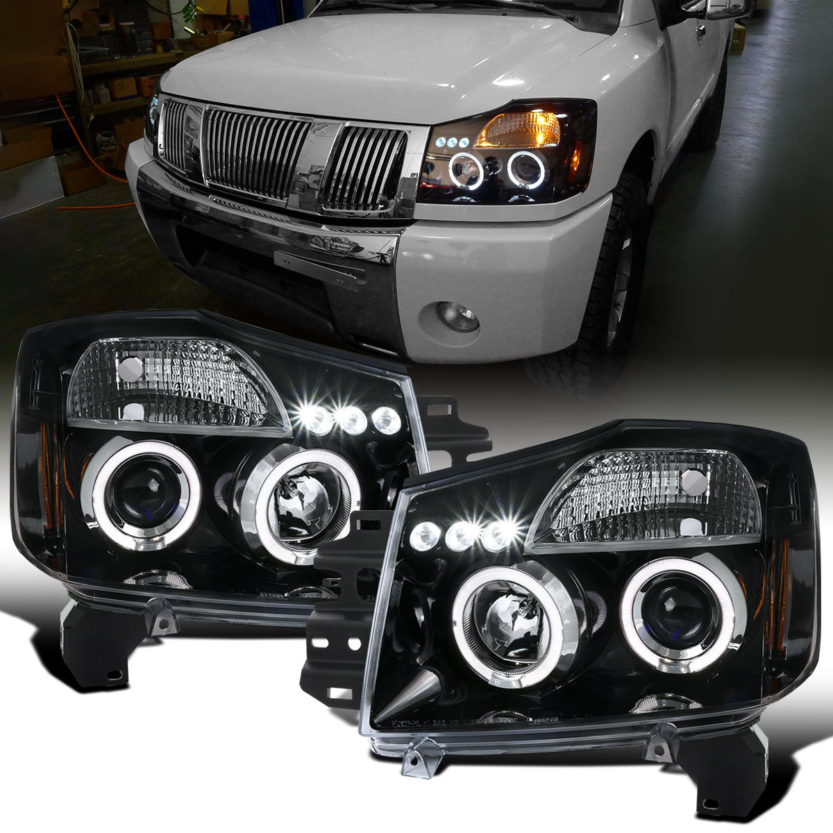 Ronnin - Fits 2004-2015 Nissan Armada Titan Upgraded Assembly LED Dual Halo Rims Projector Headlights Replacement Pair | Gloss Black