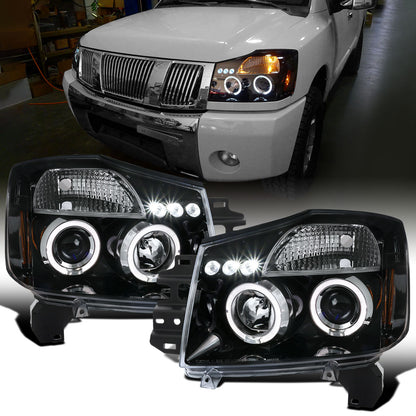 Ronnin - Fits 2004-2015 Nissan Armada Titan Upgraded Assembly LED Dual Halo Rims Projector Headlights Replacement Pair | Gloss Black