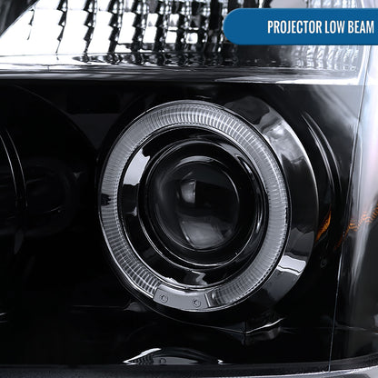 Ronnin - Fits 2004-2015 Nissan Armada Titan Upgraded Assembly LED Dual Halo Rims Projector Headlights Replacement Pair | Black Smoke