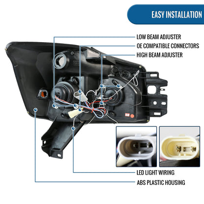 Ronnin - Fits 2004-2015 Nissan Armada Titan Upgraded Assembly LED Dual Halo Rims Projector Headlights Replacement Pair | Black Smoke