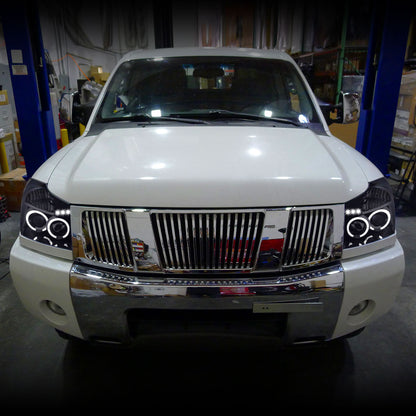 Ronnin - Fits 2004-2015 Nissan Armada Titan Upgraded Assembly LED Dual Halo Rims Projector Headlights Replacement Pair | Black Smoke