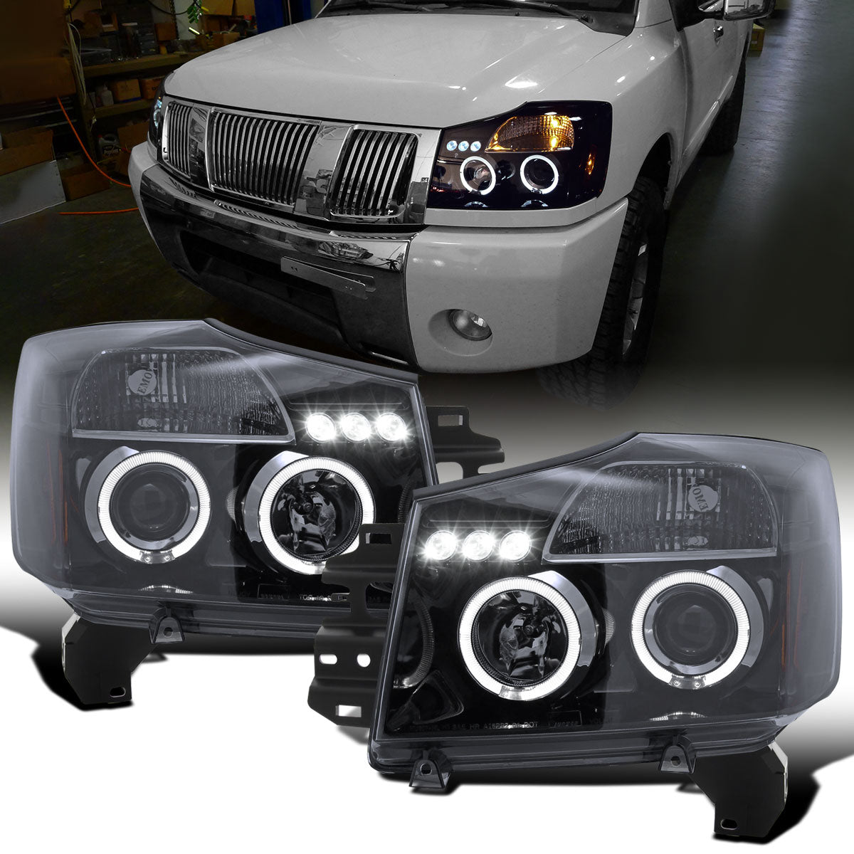 Ronnin - Fits 2004-2015 Nissan Armada Titan Upgraded Assembly LED Dual Halo Rims Projector Headlights Replacement Pair | Black Smoke