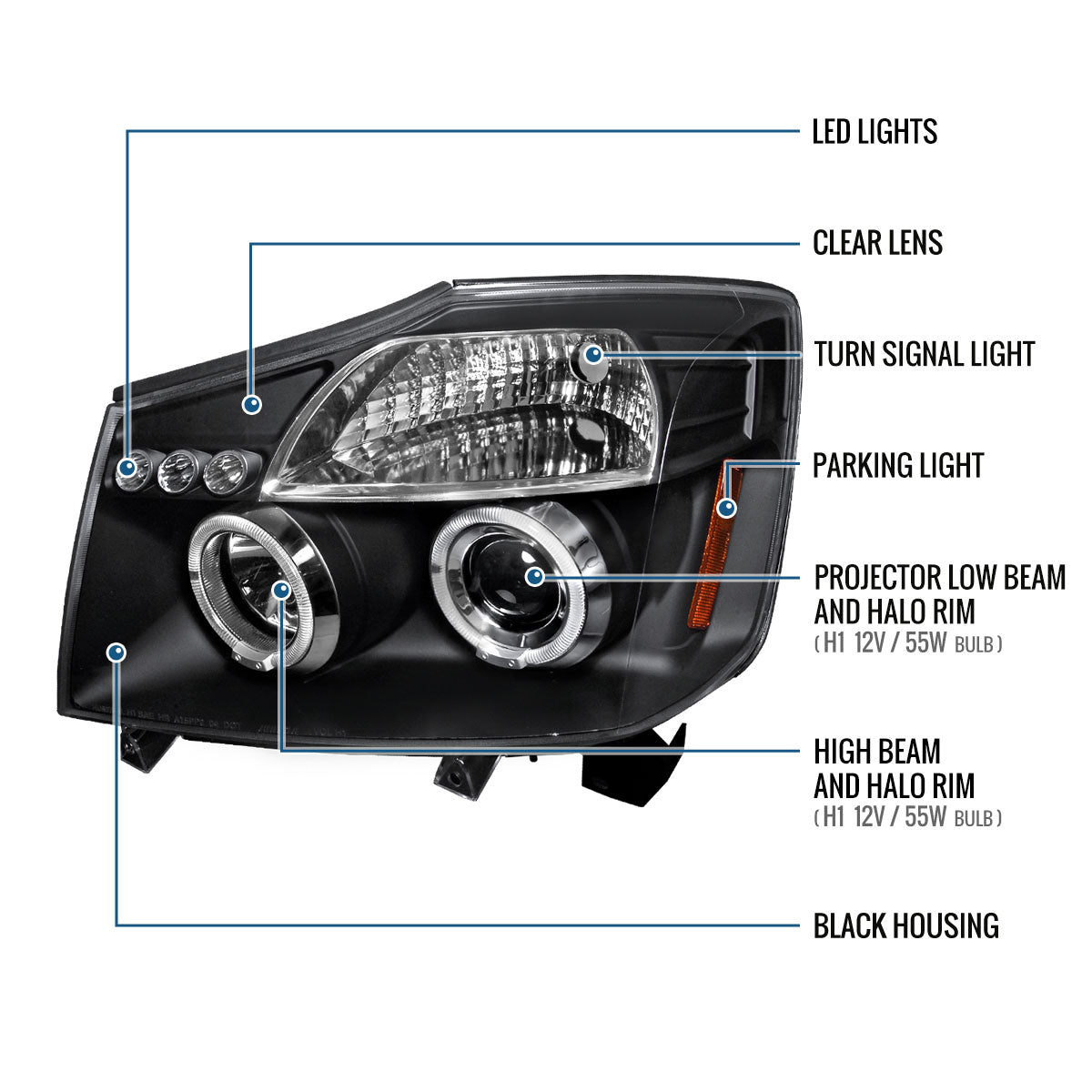 Ronnin - Fits 2004-2015 Nissan Armada Titan Upgraded Assembly LED Dual Halo Rims Projector Headlights Replacement Pair | Black