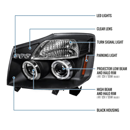 Ronnin - Fits 2004-2015 Nissan Armada Titan Upgraded Assembly LED Dual Halo Rims Projector Headlights Replacement Pair | Black