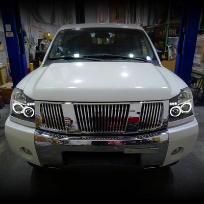 Ronnin - Fits 2004-2015 Nissan Armada Titan Upgraded Assembly LED Dual Halo Rims Projector Headlights Replacement Pair | Black