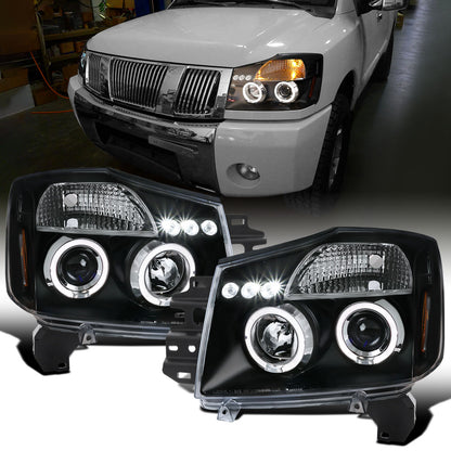 Ronnin - Fits 2004-2015 Nissan Armada Titan Upgraded Assembly LED Dual Halo Rims Projector Headlights Replacement Pair | Black