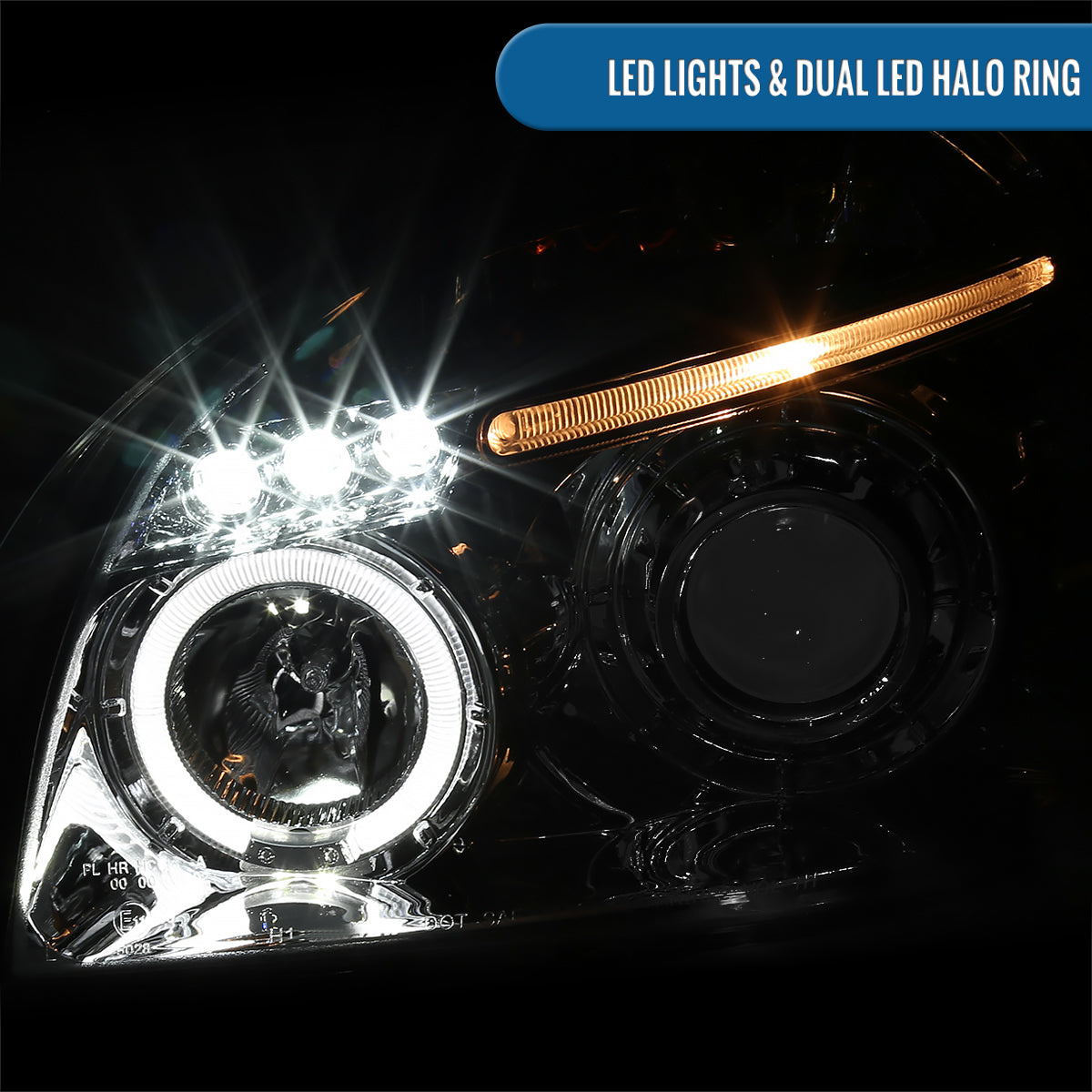 Ronnin - Fits 2005-2009 Hyundai Tucson LED Halo Rim Running Lights Projector Headlights Upgrade Assembly Pair | Chrome