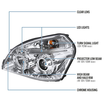 Ronnin - Fits 2005-2009 Hyundai Tucson LED Halo Rim Running Lights Projector Headlights Upgrade Assembly Pair | Chrome