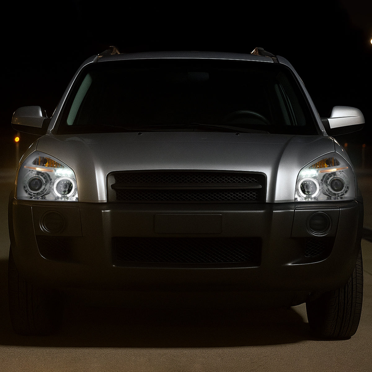 Ronnin - Fits 2005-2009 Hyundai Tucson LED Halo Rim Running Lights Projector Headlights Upgrade Assembly Pair | Chrome