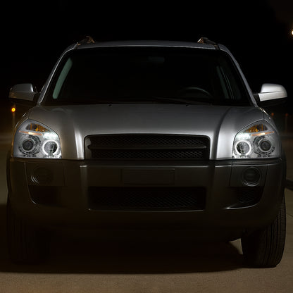 Ronnin - Fits 2005-2009 Hyundai Tucson LED Halo Rim Running Lights Projector Headlights Upgrade Assembly Pair | Chrome