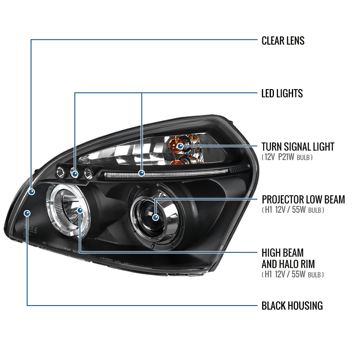 Ronnin - Fits 2005-2009 Hyundai Tucson LED Halo Rim Running Lights Projector Headlights Upgrade Assembly Pair | Black
