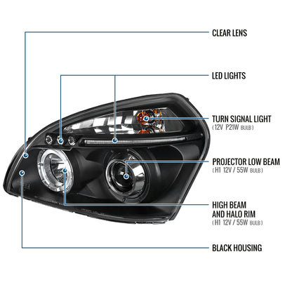 Ronnin - Fits 2005-2009 Hyundai Tucson LED Halo Rim Running Lights Projector Headlights Upgrade Assembly Pair | Black