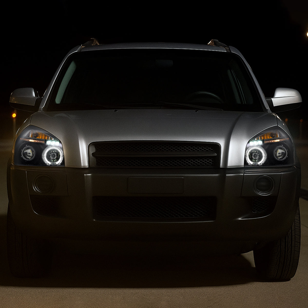 Ronnin - Fits 2005-2009 Hyundai Tucson LED Halo Rim Running Lights Projector Headlights Upgrade Assembly Pair | Black