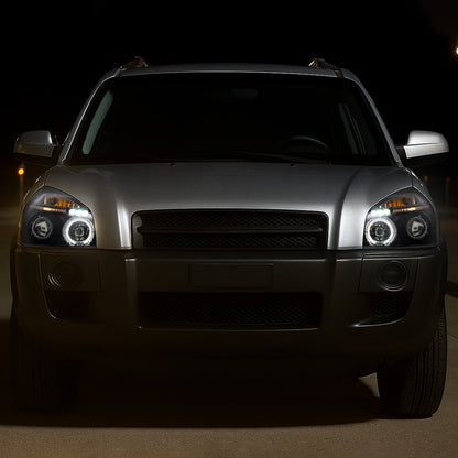 Ronnin - Fits 2005-2009 Hyundai Tucson LED Halo Rim Running Lights Projector Headlights Upgrade Assembly Pair | Black