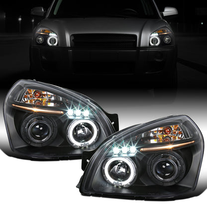 Ronnin - Fits 2005-2009 Hyundai Tucson LED Halo Rim Running Lights Projector Headlights Upgrade Assembly Pair | Black