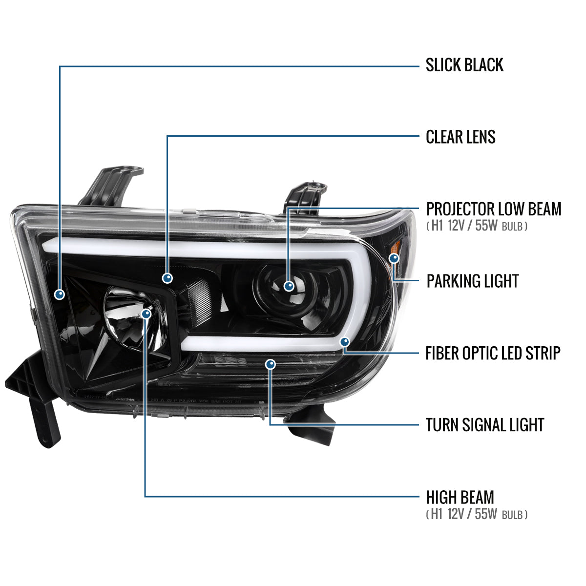 Ronnin - Se adapta a Toyota Tundra Sequoia 2007-2017 Faros delanteros con proyector de tubo de luz LED de repuesto mejorado Par | Negro brillante