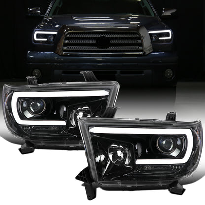 Ronnin - Se adapta a Toyota Tundra Sequoia 2007-2017 Faros delanteros con proyector de tubo de luz LED de repuesto mejorado Par | Negro brillante