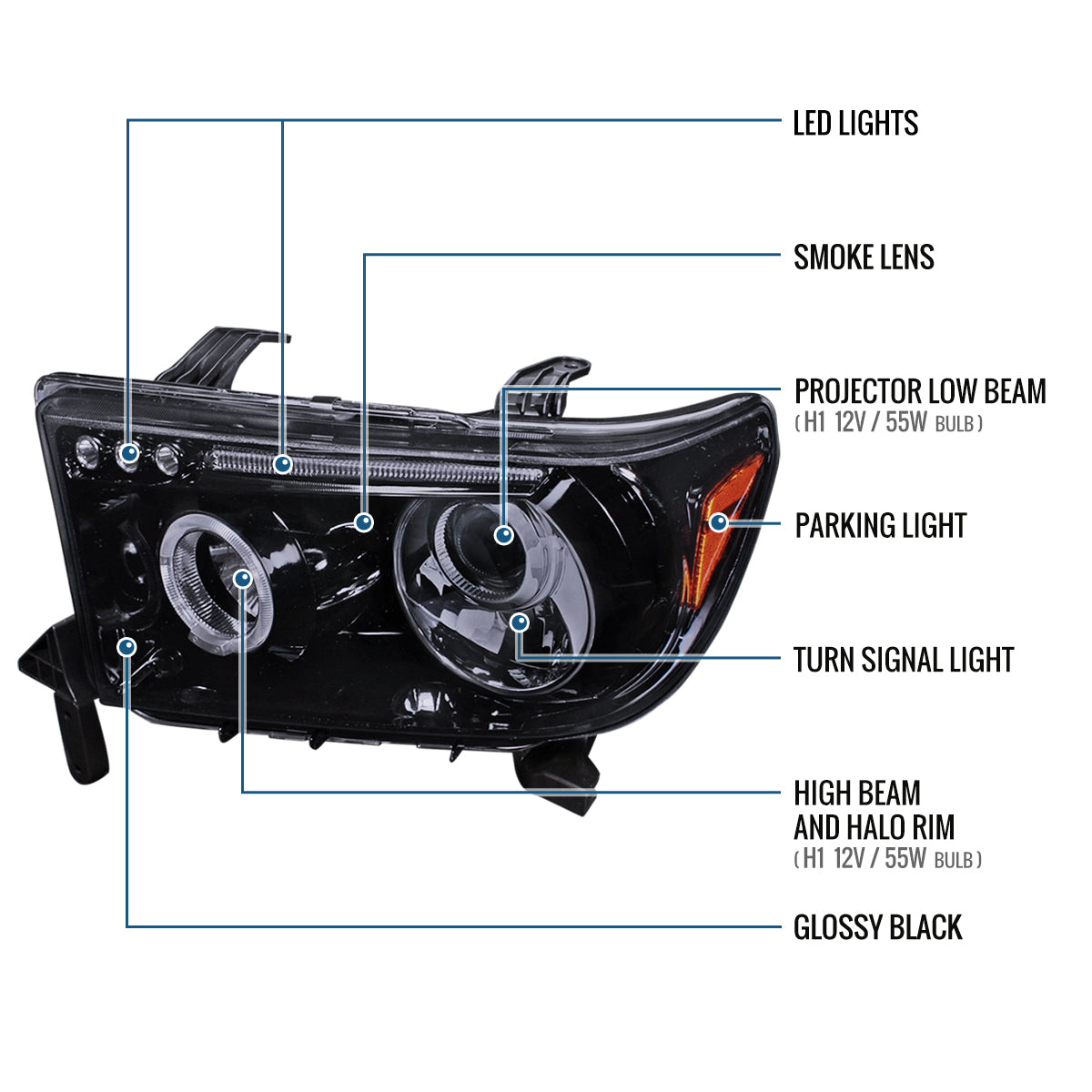Ronnin - Fits 2007-2017 Toyota Tundra Sequoia Upgrade Replacement LED Rim Projector Headlights Assembly Pair | Black Smoke