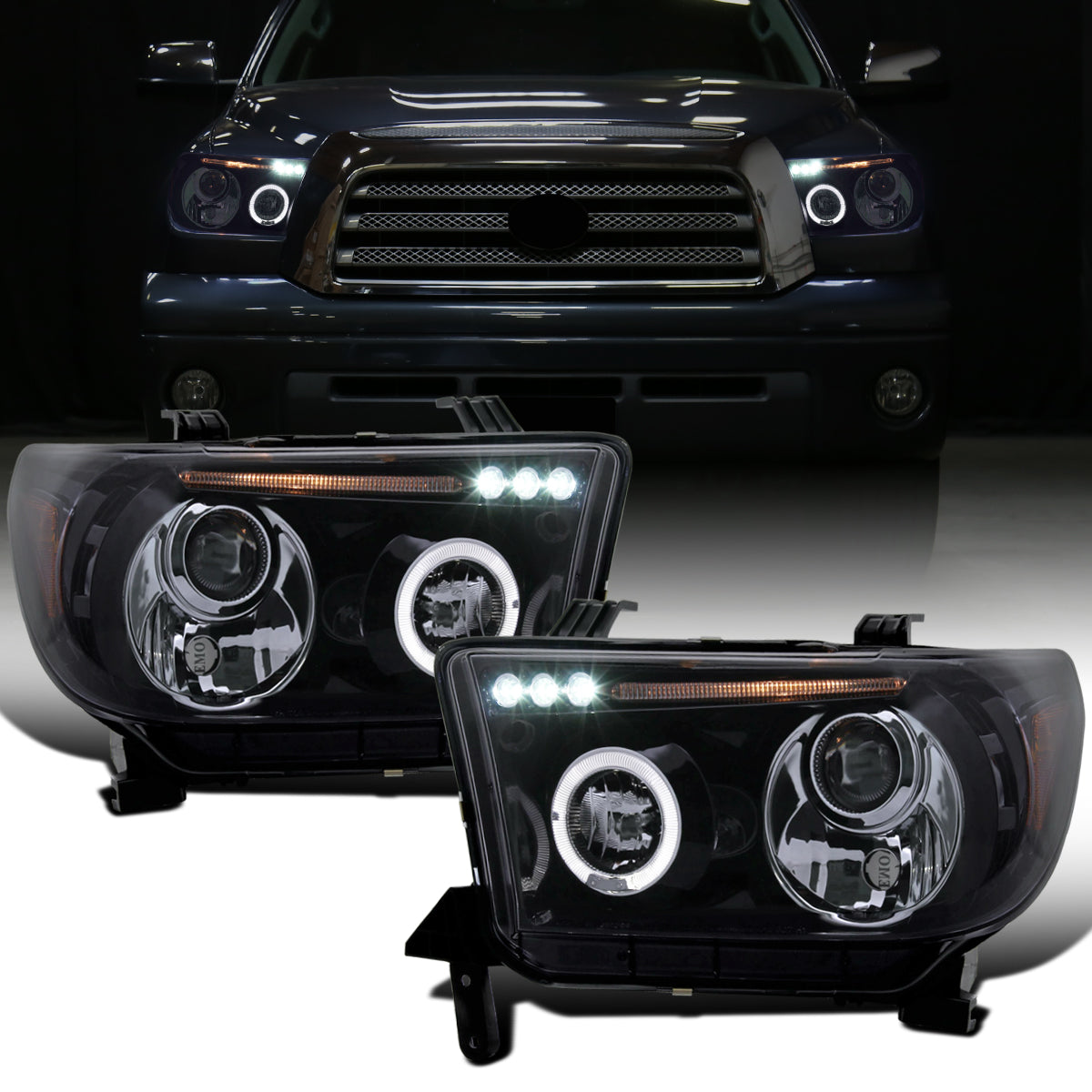 Ronnin - Fits 2007-2017 Toyota Tundra Sequoia Upgrade Replacement LED Rim Projector Headlights Assembly Pair | Black Smoke