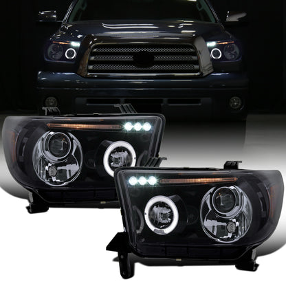 Ronnin - Fits 2007-2017 Toyota Tundra Sequoia Upgrade Replacement LED Rim Projector Headlights Assembly Pair | Black Smoke