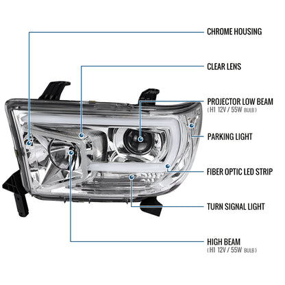 Ronnin - Fits 2007-2017 Toyota Tundra Sequoia Upgraded Replacement LED Running Light Tube Projector Headlights Assembly Pair | Chrome