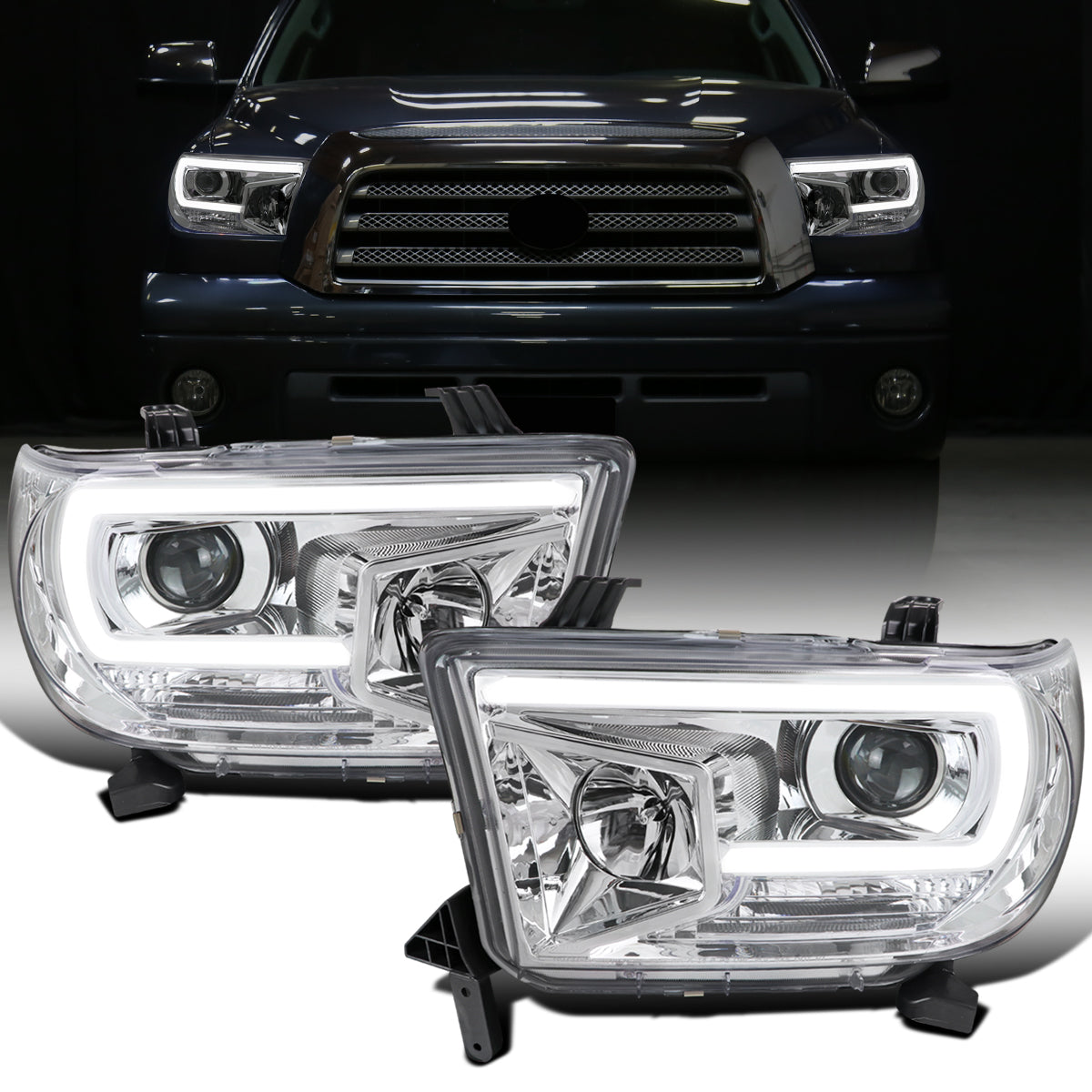 Ronnin - Fits 2007-2017 Toyota Tundra Sequoia Upgraded Replacement LED Running Light Tube Projector Headlights Assembly Pair | Chrome