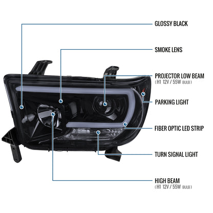 Ronnin - Fits 2007-2017 Toyota Tundra Sequoia Upgraded Replacement LED Running Light Tube Projector Headlights Assembly Pair | Black Smoke