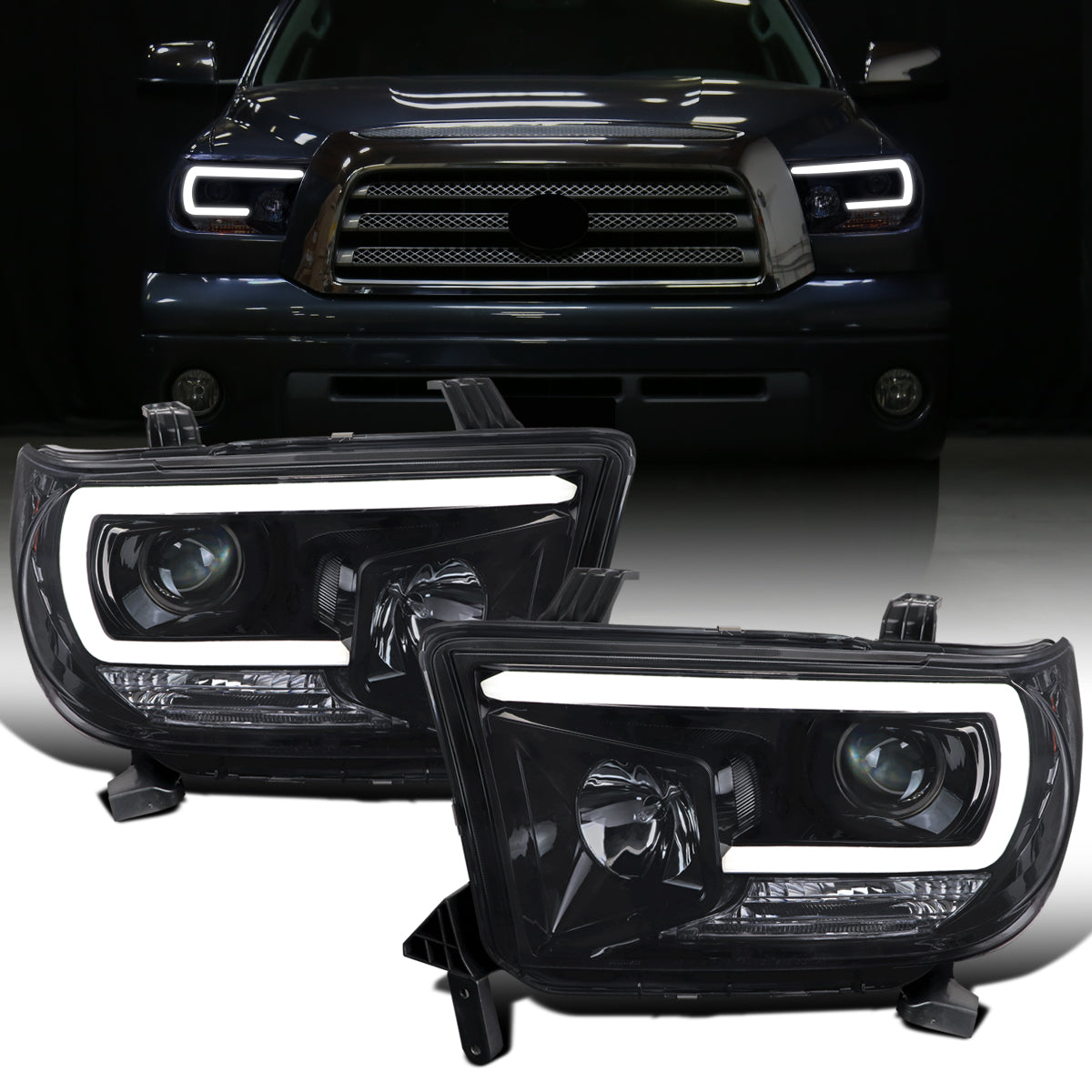 Ronnin - Fits 2007-2017 Toyota Tundra Sequoia Upgraded Replacement LED Running Light Tube Projector Headlights Assembly Pair | Black Smoke