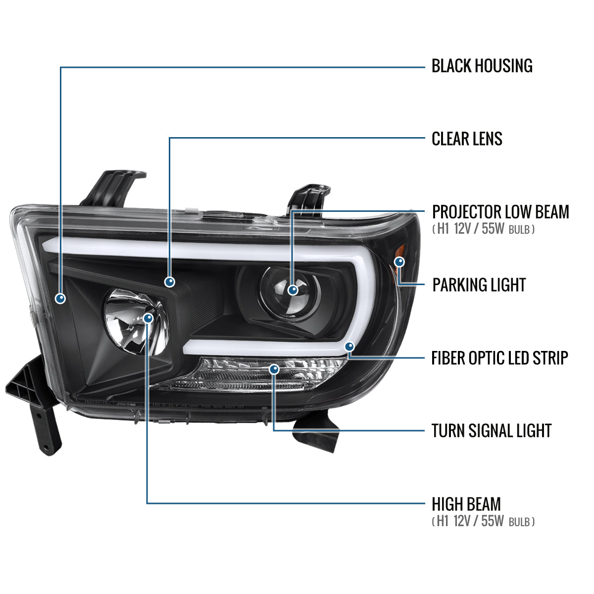 Ronnin - Fits 2007-2017 Toyota Tundra Sequoia Upgraded Replacement LED Running Light Tube Projector Headlights Assembly Pair | Black