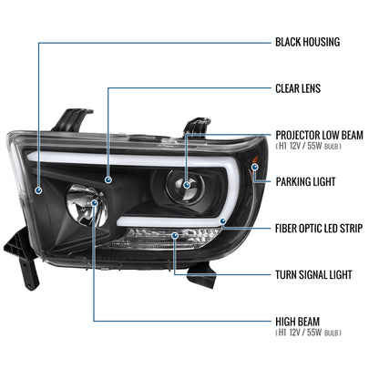 Ronnin - Fits 2007-2017 Toyota Tundra Sequoia Upgraded Replacement LED Running Light Tube Projector Headlights Assembly Pair | Black