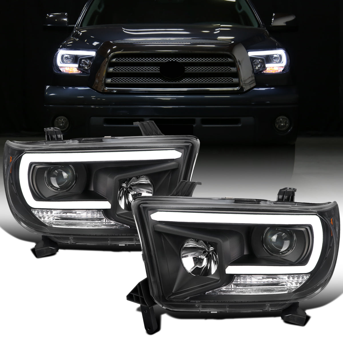 Ronnin - Fits 2007-2017 Toyota Tundra Sequoia Upgraded Replacement LED Running Light Tube Projector Headlights Assembly Pair | Black