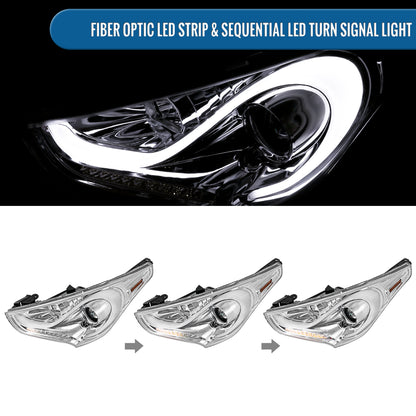 Ronnin - Fits 2012-2017 Hyundai Veloster Upgrade LED Running Light Tube Sequential Turn Signals Projector Headlights Assembly Pair | Chrome