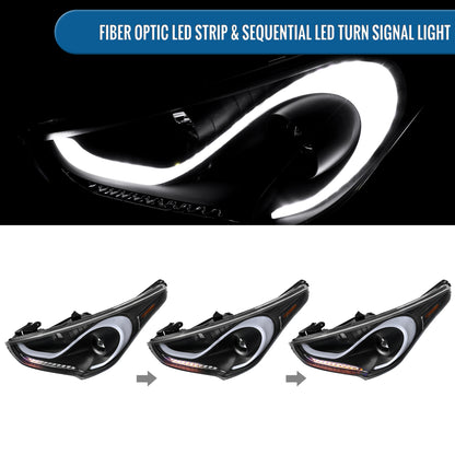 Ronnin - Fits 2012-2017 Hyundai Veloster Upgrade LED Running Light Tube Sequential Turn Signals Projector Headlights Assembly Pair | Black